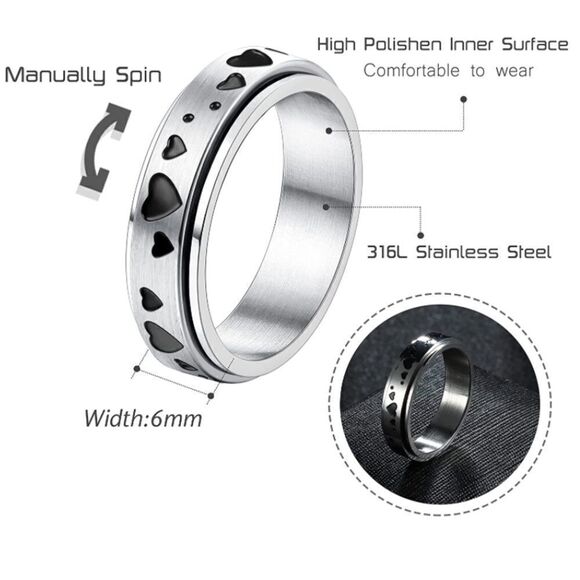 316L Stainless Steel Silver Heart Fidget Anxiety Stress Relieving Spin Ring - Picture 4 of 4
